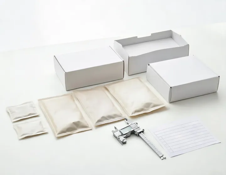 Unbranded heat patch packaging formats arranged for specification review